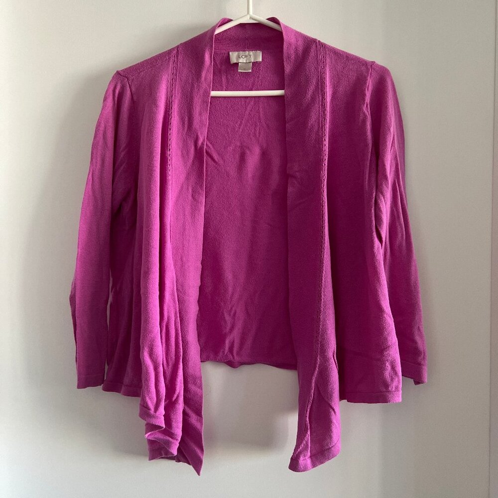 2/$20🛍LOFT Magenta Fuchsia Open Front Draped Cardigan Eyelet Trim M